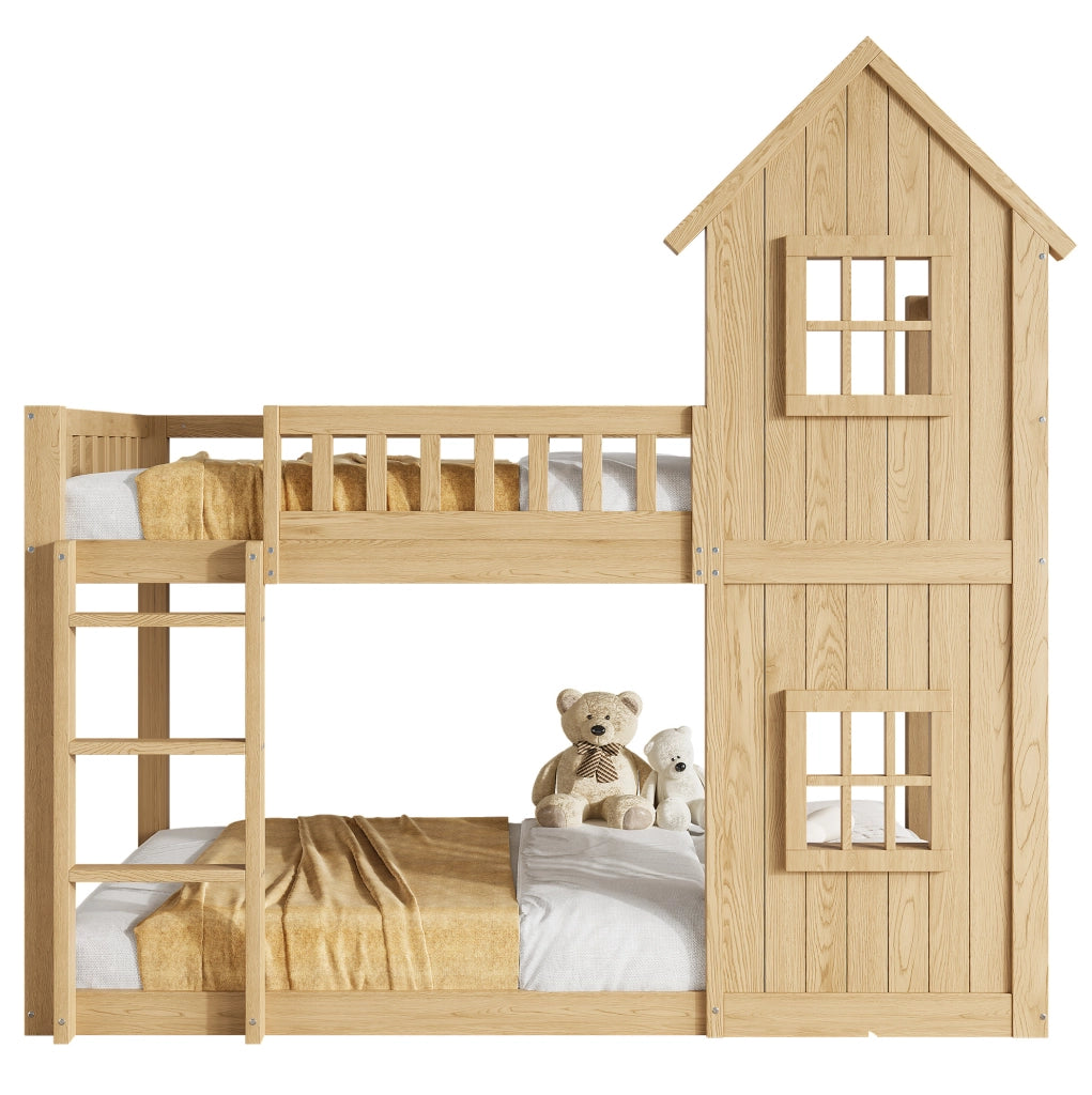 Letto a castello 90x200 cm con scala e finestre in legno di pino e MDF colore naturale