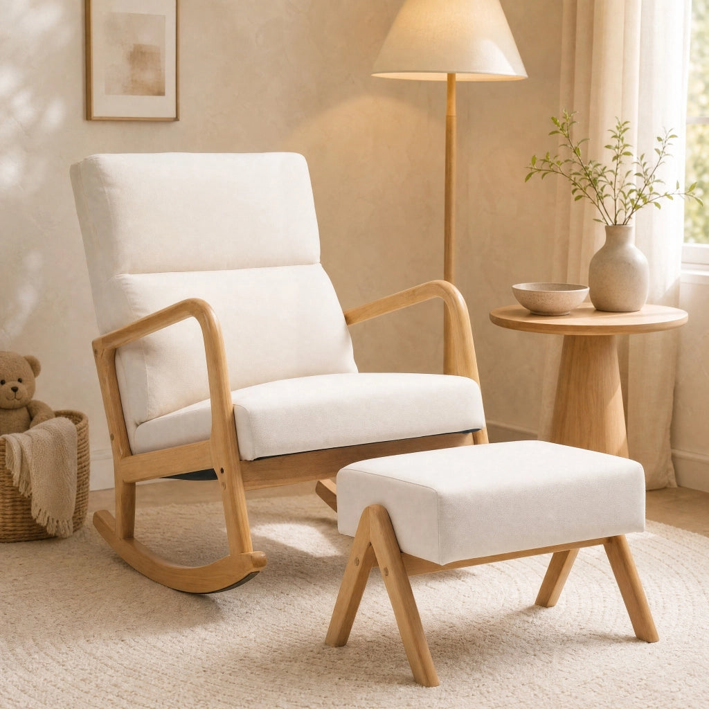 Poltrona a dondolo con sgabello; 65x96x94.5 cm; movimento 35°; in poliestere; bianco crema