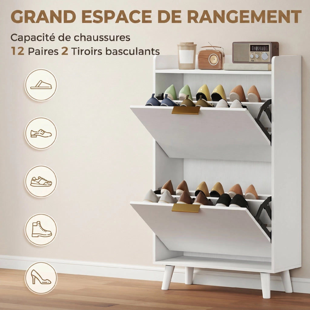 Scarpiera 12 paia con 2 cassetti e ripiani regolabili ¨C Zephmum ¨C Bianco