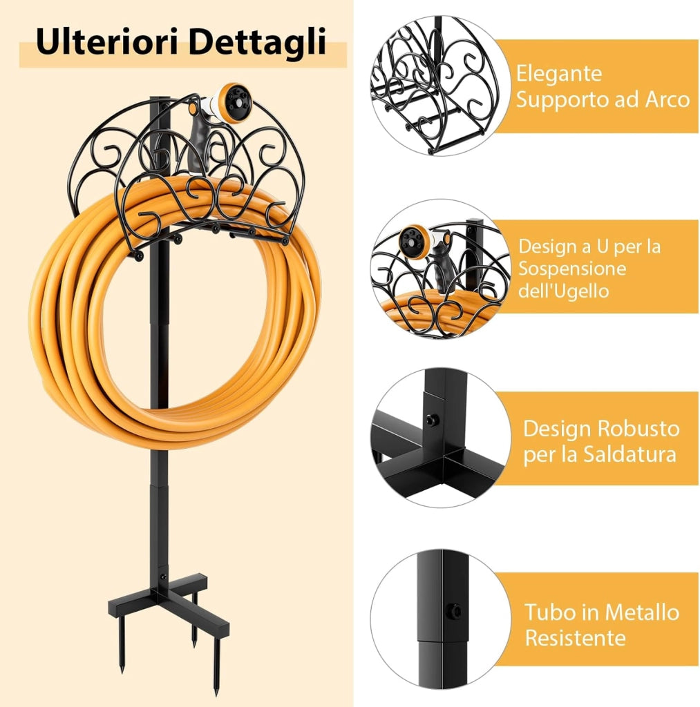Supporto per Tubo da Giardino, Porta Tubo da Terra in Metallo con 3 Punti di Ancoraggio, Supporto per Tubo Staccabile per Giardino, Prato, Nero