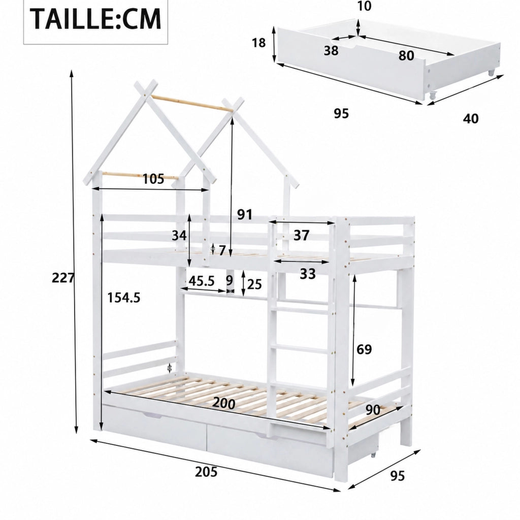 Letto a castello 90 × 200 cm con cassetti, ripiani e scala dritta, senza materasso, in legno, bianco