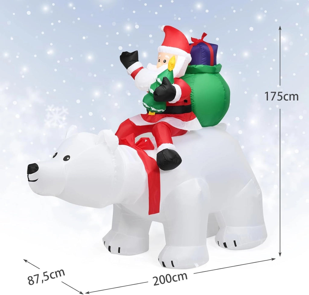Decorazioni Natalizie, Babbo Natale Gonfiabile su Orso Polare con Testa Sbalzante, 200 X 87,5 X 175 CM, Luce LED Incorporata, Addobbi Natalizi per Esterno Interno per Giardino, Cortile, Prato