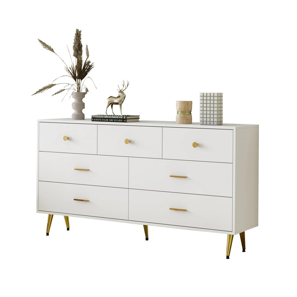 Credenza con Cassetti Bianca ¨C MINIMAL ¨C 7 cassetti, gambe e maniglie oro, 140x35x76 cm