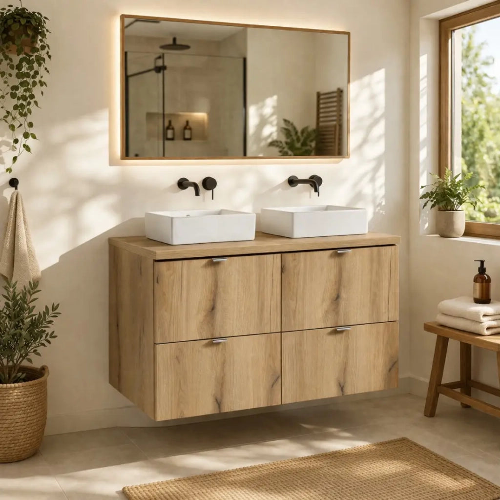 Insieme sospeso VANO finitura quercia 100cm : mobile porta lavabo con cassetti + piano per lavabo + lavabi rettangolari da appoggio