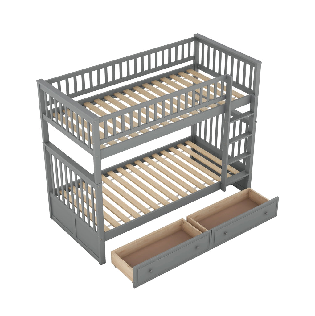 Letto a castello 90x200 cm trasformabile con 2 cassetti; sponde alte; legno e MDF grigio