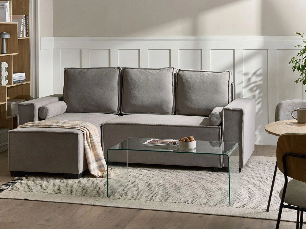 Divano letto angolare a 3 posti con rivestimento in tessuto grigio lato destro con braccioli contenitore reversibile stile moderno soggiorno