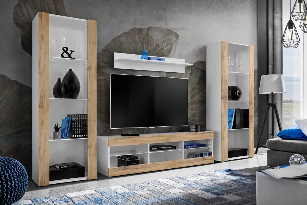 Set di mobili porta TV Tivoli Grande, Komodee, Bianco Wotan, Senza LED, Larghezza 250 cm x Altezza 159 cm x Profondità 35 cm, Per soggiorno, Camera da letto