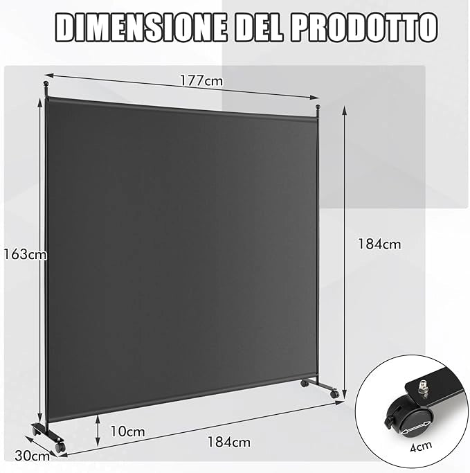 Separé Divisorio Singolo 184 x 184 CM, Paravento da Interno ed Esterno con Ruote Bloccabili, Pannello Divisorio per Ambienti Interni Portatile da Soggiorno Camera da Letto e Ufficio (Grigio)
