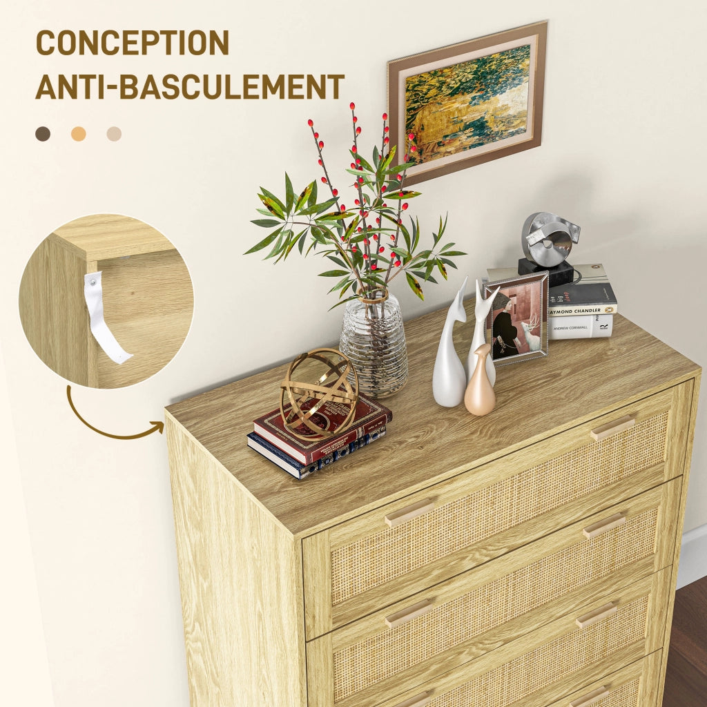 Cassettiera 4 cassetti con fronte in rattan ¨C Minimal ¨C 90x45x108,5 cm colore legno chiaro