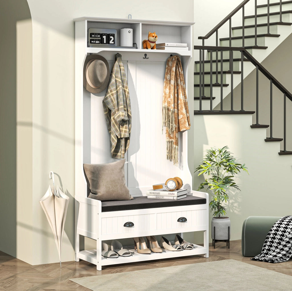 Appendiabiti ingresso 89x42x172 cm bianco con panca, contenitori e antiribaltamento