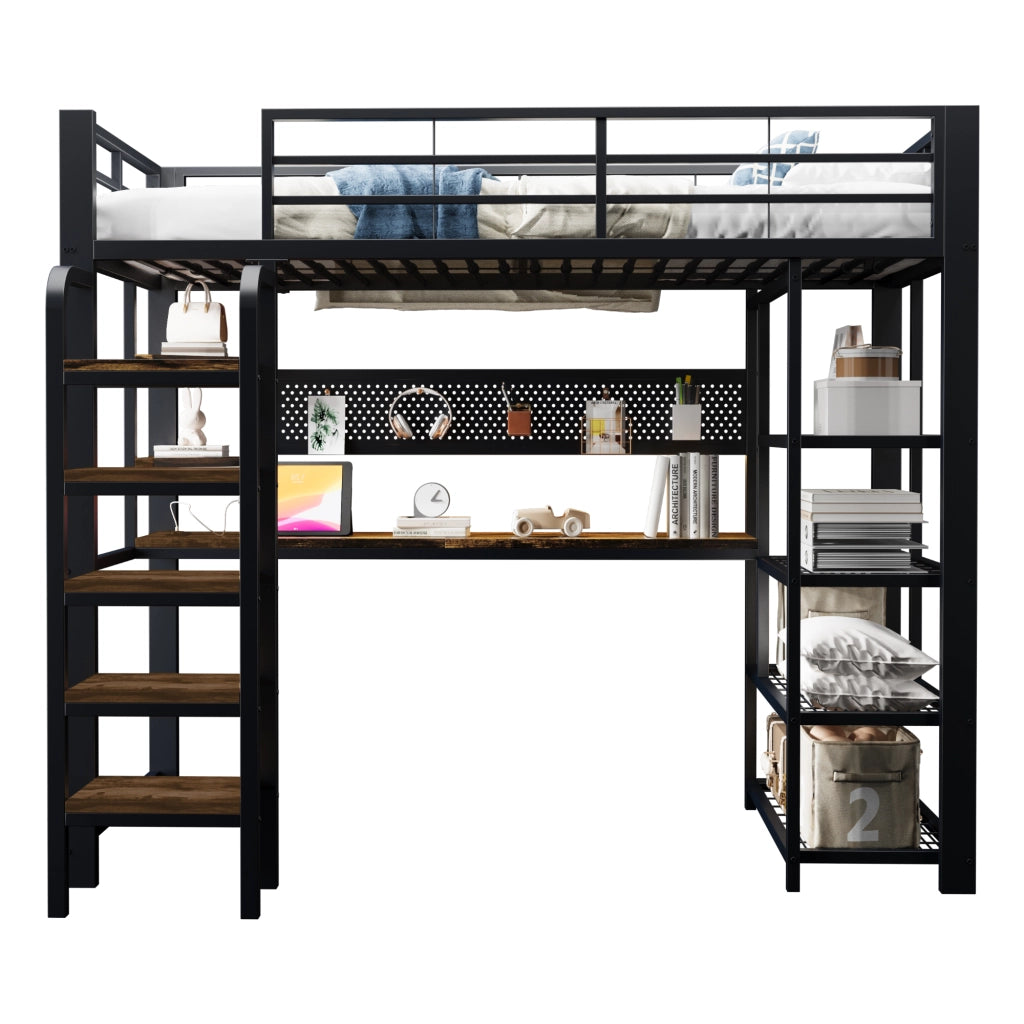 Letto a soppalco multifunzione in metallo e legno, con LED, scrivania e prese, nero, 90x200 cm