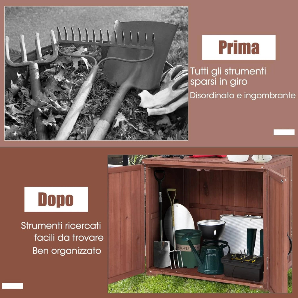 Casetta da Giardino in Legno di Abete, Capanno da Esterno con Doppie Ante Magnetiche e Comode Maniglie, Ideale per Giardino, Giardino, Fattoria e Cortile, 77 x 56 x 72 cm
