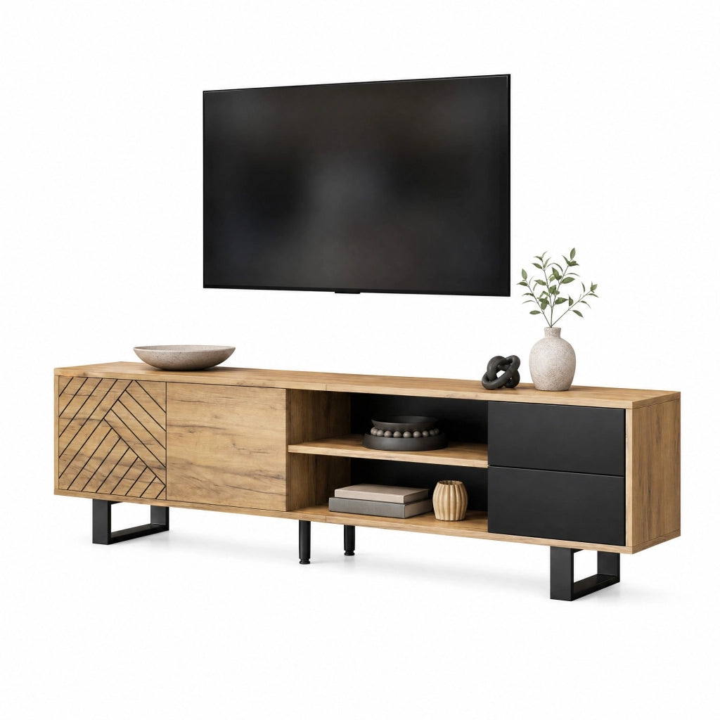 Mobile TV moderno 180x40x50 cm in truciolare effetto legno naturale e nero; per TV fino a 75 pollici