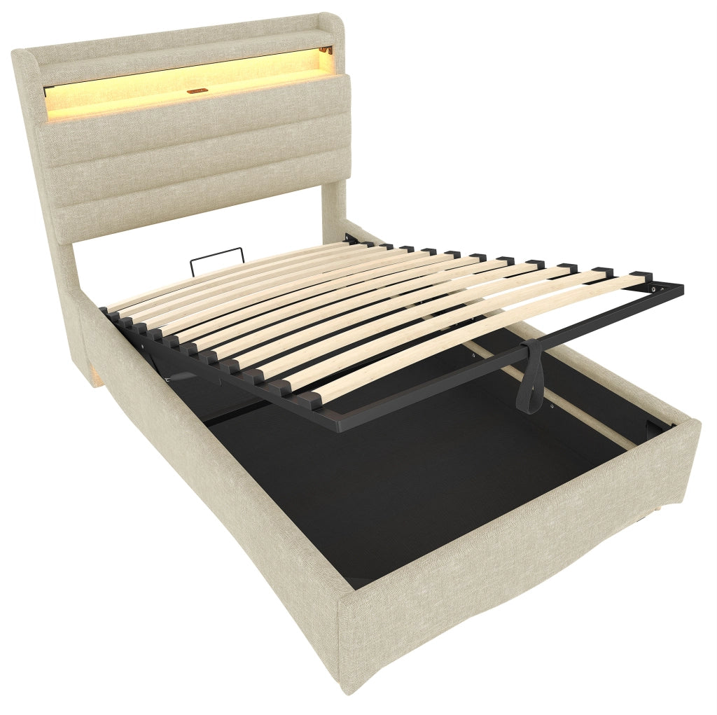 Letto imbottito 90x200 cm con LED; contenitore idraulico e porte USB in lino beige