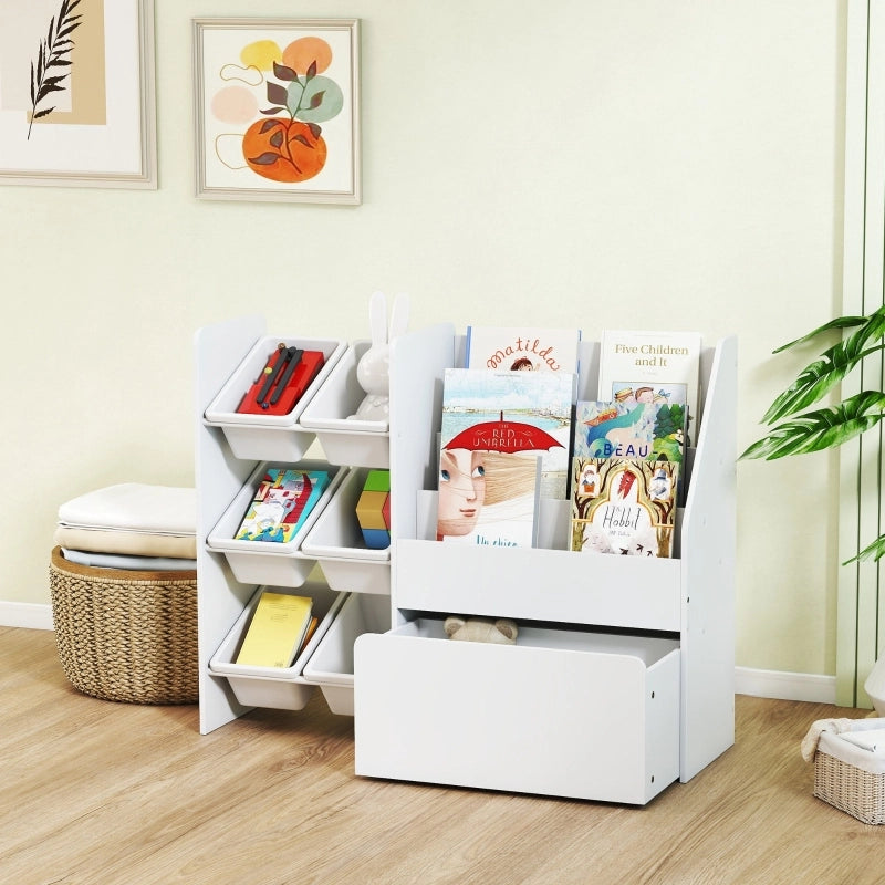 Scaffale per bambini con 6 contenitori estraibili, libreria e box su ruote, bianco