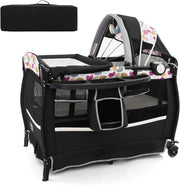 4 in 1 Lettino da Campeggio con Fasciatoio, Lettino Pieghevole per Bambini con Materasso, Centro Neonati con Culla, Box Musicale, Cappottina Regolabile, Borsa da Viaggio (Cuore)