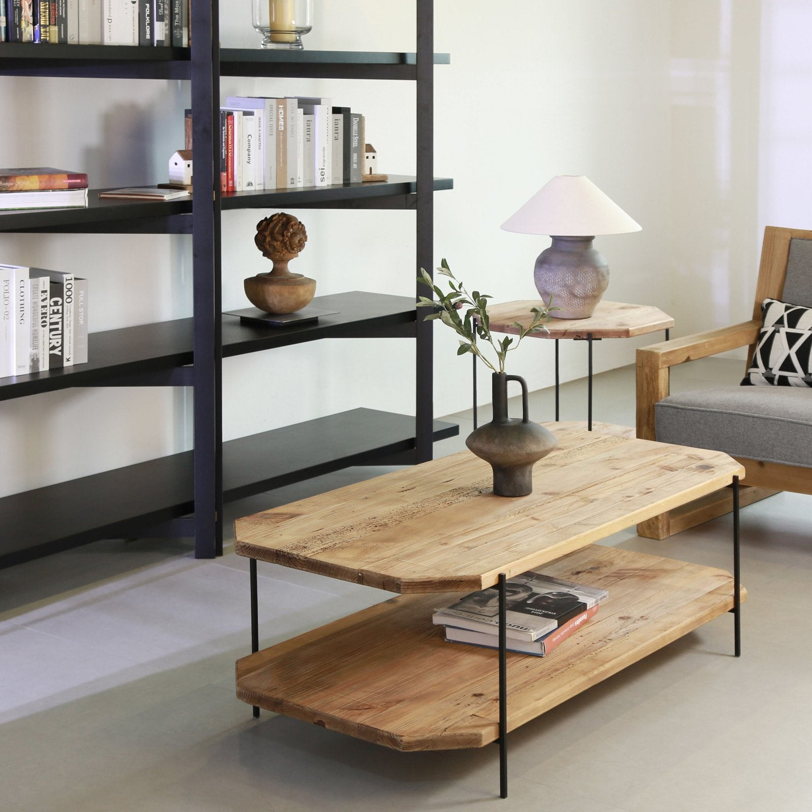 Tavolino in pino riciclato con doppio ripiano cm 120x60 - PINE