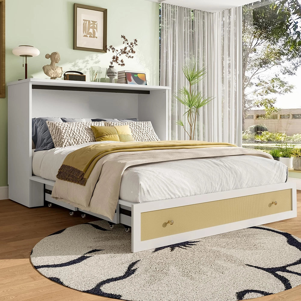 Letto contenitore 140x200 cm - Xylo - con cassetti e ripiano, porte USB e presa, bianco, senza materasso
