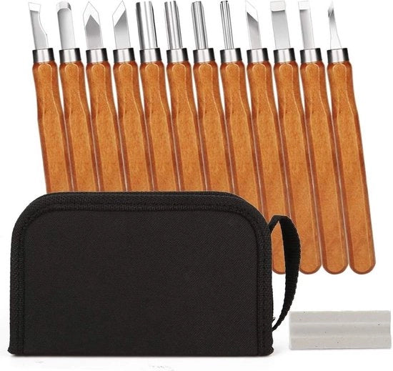 Set di utensili per la lavorazione del legno - coltelli per la lavorazione del legno, pietra di affilatura - per il legno, verdure, frutta - set da 12 pezzi per la lavorazione del legno
