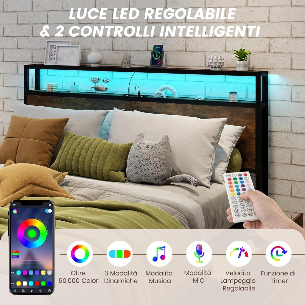 Letto Matrimoniale 160x200 cm, con 4 Cassetti e Testiera, Struttura Letto con Luci LED Regolabile e Presa Multipla, Carico Massimo 300kg, Silenzioso