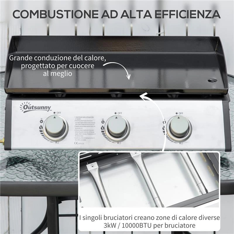PIASTRA BARBECUE A GAS ANTIADERENTE DA TAVOLO CON 3 BRUCIATORI DA 3KW, 60.5X48.5X21CM, NERO