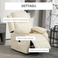 Poltrona Alzapersona Reclinabile a 160° con Poggiapiedi e Telecomando, in Pelle PU e Acciaio, 76x90x105 cm, Crema