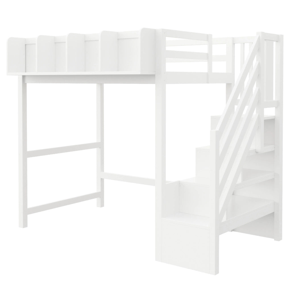 Letto a soppalco 90x200 cm con LED; scaletta e vani portaoggetti in legno bianco