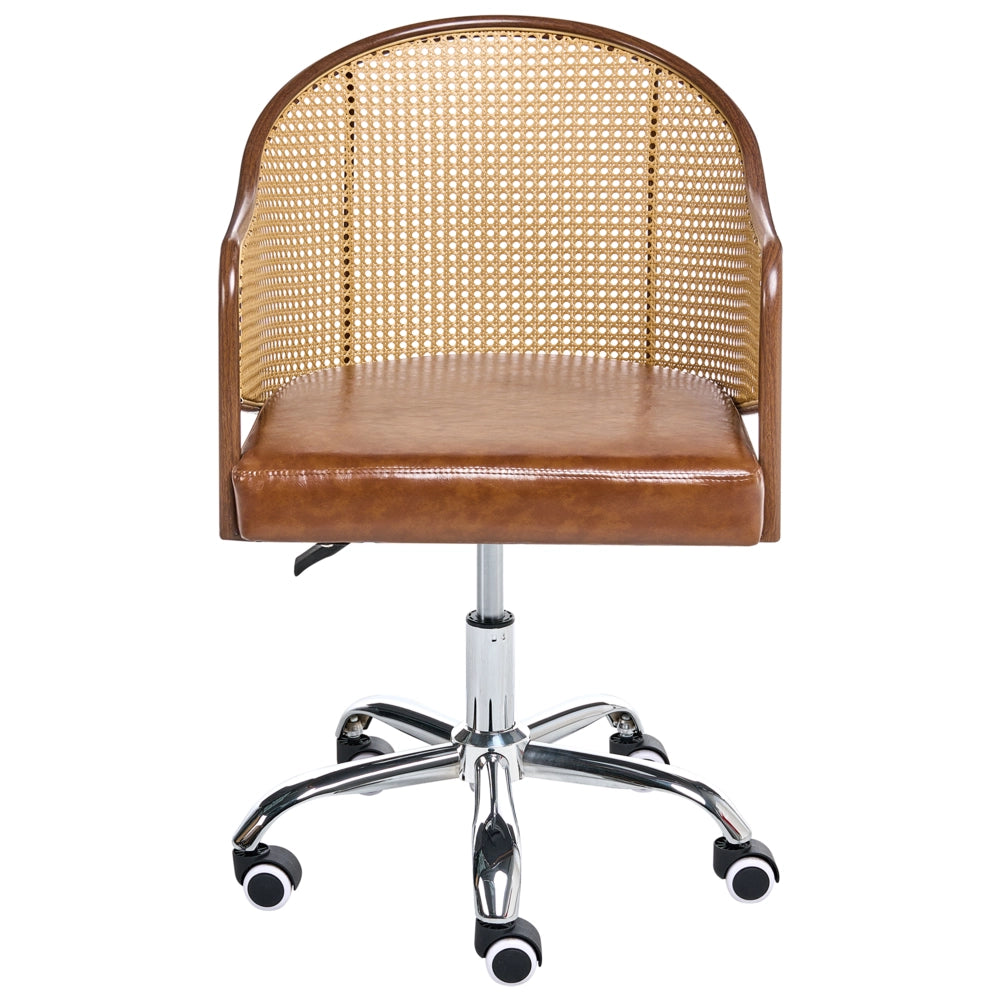 Sedia da ufficio in similpelle marrone con schienale in rattan PE girevole, altezza regolabile, con braccioli, per casa, ufficio, studio, tradizionale
