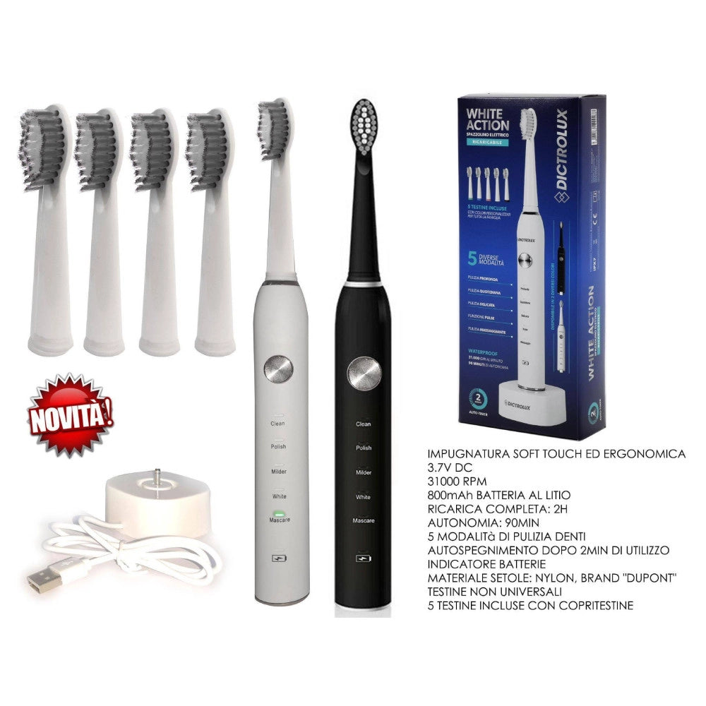 Trade Shop - Spazzolino Elettrico Ricaricabile A Batteria 5 Modalità Di Pulizia Denti Testine -