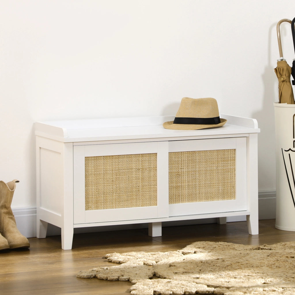 Scarpiera con Panca e 2 Ante in Rattan ¨C Zephmum ¨C Bianco e Naturale 80x35x45 cm