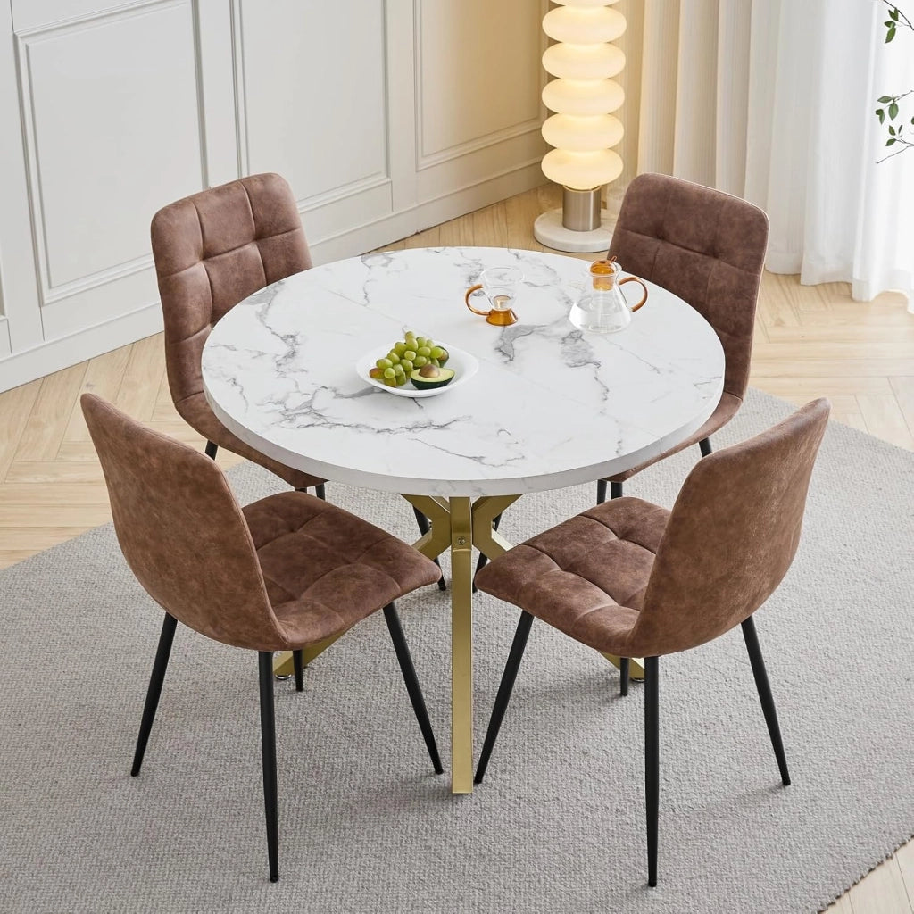 GrandCA HOME Set Tavolo e Sedie da Pranzo, 4 Sedie da Pranzo in Pelle Tecnica Marrone Chiaro e un Tavolo da Pranzo Rotondo Moderno da 100 cm, adatti per Cucina e Soggiorno (Marmo Bianco 1)