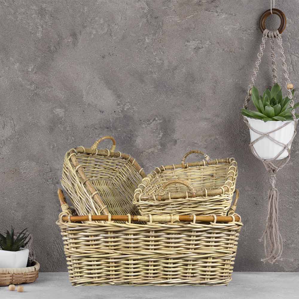 Cesto contenitore in legno di giunco intrecciato con manici cm 48 x 37 x h 15