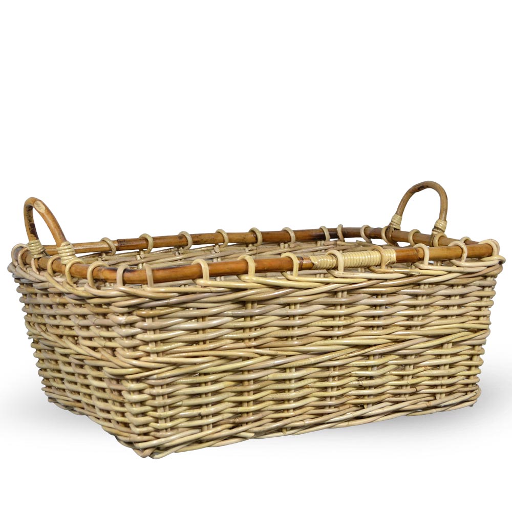 Cesto contenitore rettangolare in legno di giunco intrecciato con manici cm 70 x 59 x h 27