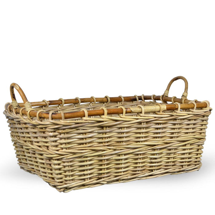 Cesto contenitore rettangolare in legno di giunco intrecciato con manici cm 70 x 59 x h 27
