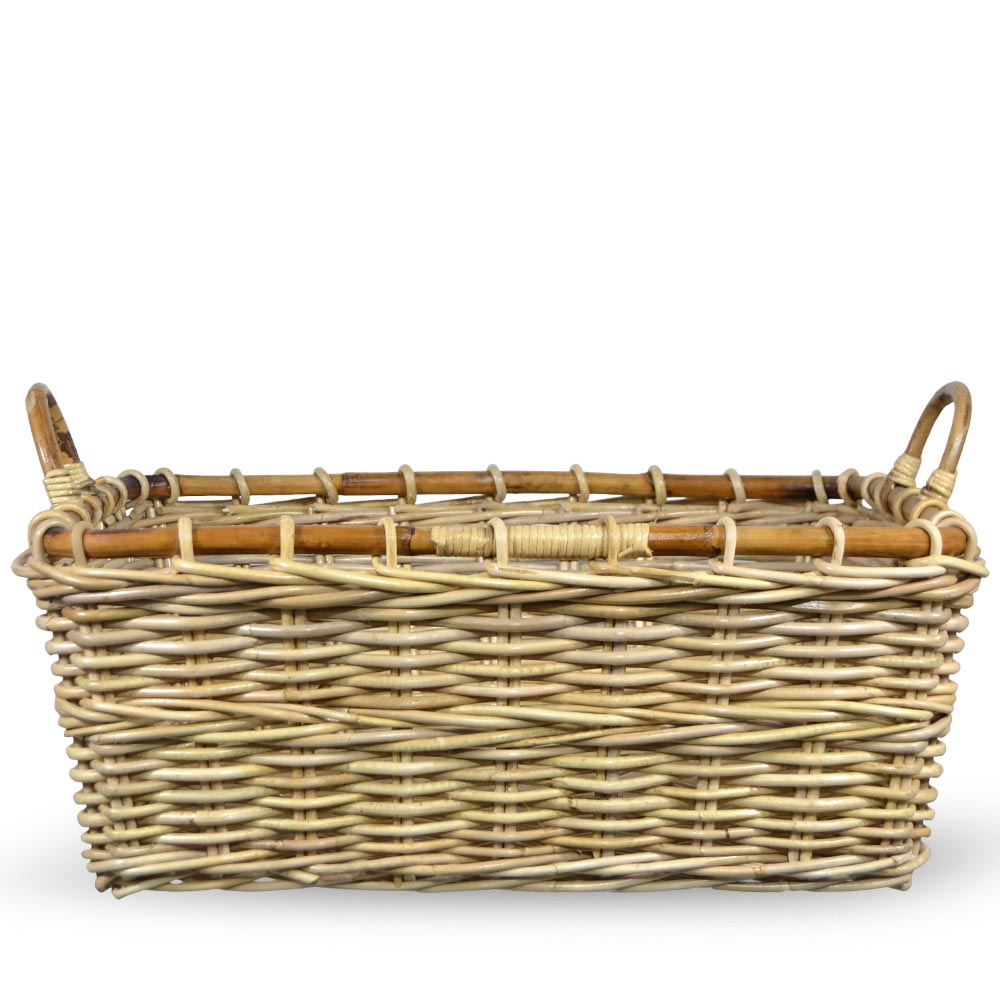 Cesto contenitore rettangolare in legno di giunco intrecciato con manici cm 70 x 59 x h 27
