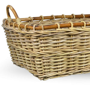 Cesto contenitore rettangolare in legno di giunco intrecciato con manici cm 70 x 59 x h 27