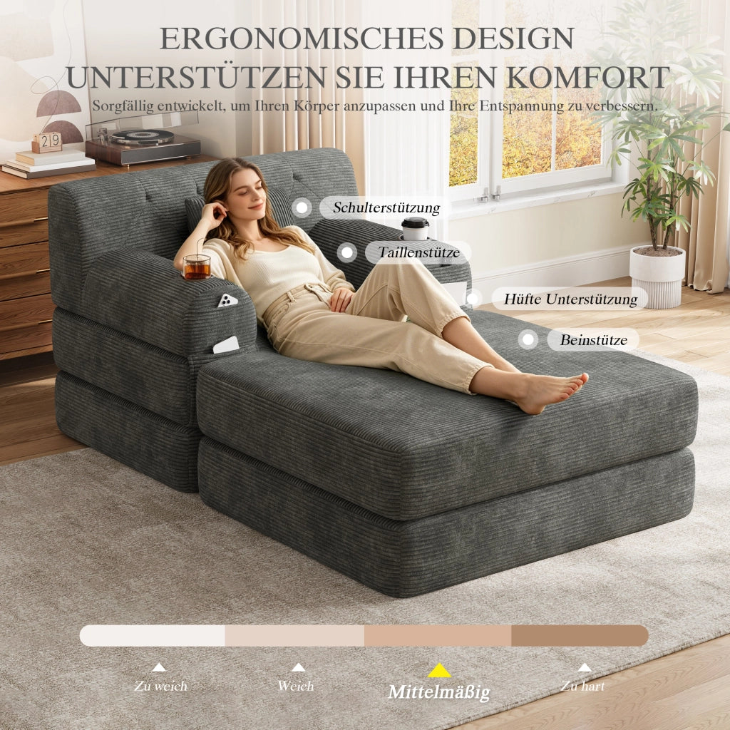 Divano letto in velluto a coste con schienale alto, tasche laterali e portabicchieri, grigio scuro 107 × 162 × 81 cm
