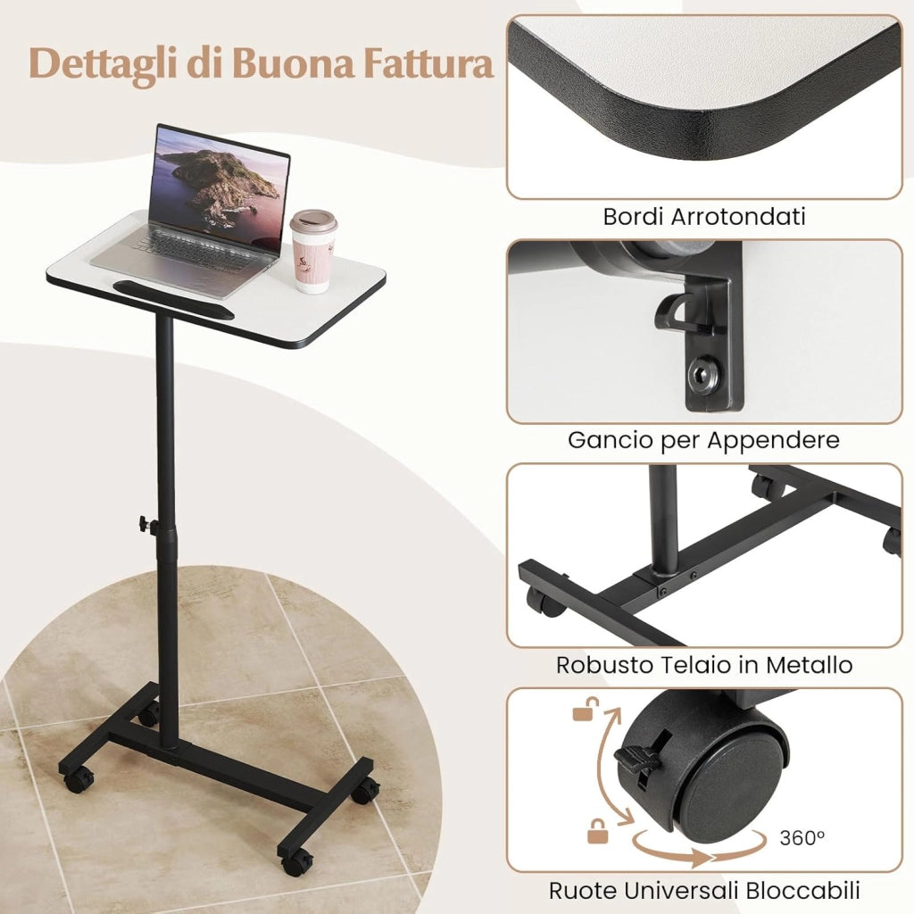 Tavolino Servitore con Altezza Regolabile, Ruote Bloccabili, Piano Girevole a 360° e Inclinabile con Fermo Bordo, Tavolino a Forma di C per Soggiorno, Camera da Letto e Studio (Grigio)
