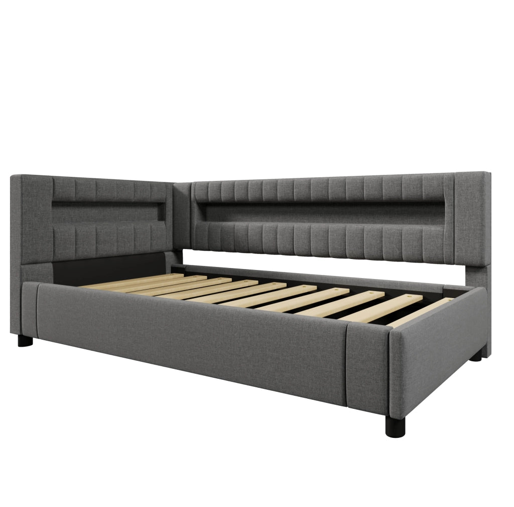 Letto daybed 90x200 cm con contenitore idraulico e LED in lino grigio