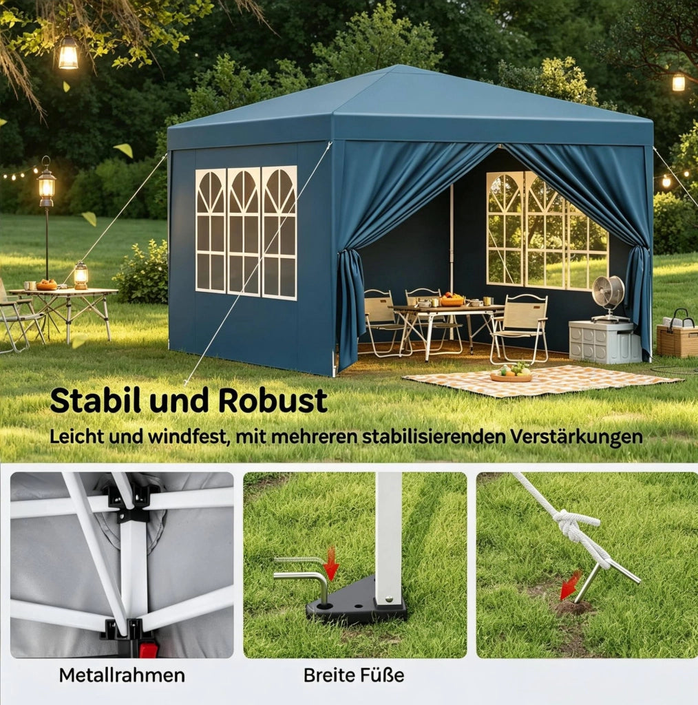 Gazebo pieghevole 3x3 m blu con tetto Oxford e pareti laterali