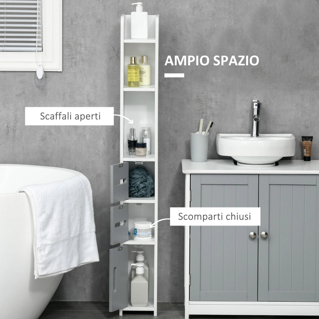Colonna Bagno Salvaspazio con Mensole e Armadietti ¨C Xylo ¨C Legno Bianco e Grigio 15x17x120cm