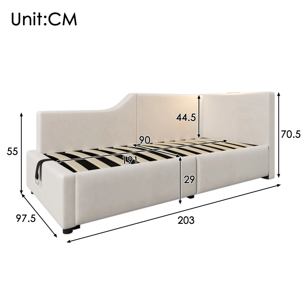 Letto a giorno 90x190 cm con contenitore; luce da lettura e USB C; velluto beige