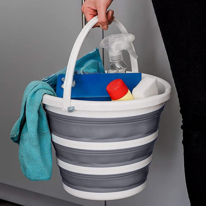 MOHOME Secchio Lavapavimenti Pieghevole 10 Litri Set da 2 Plastica Maniglia Portatile Grigio Bianco Richiudibile Salvaspazio Interno Esterno Lavaggio Auto Campeggio