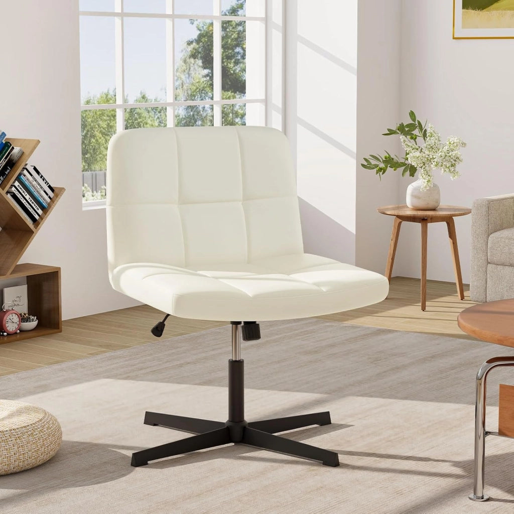 Sedia da Ufficio a Gambe Incrociate, Sedia Scrivania con Seduta a U Spaziosa, Sedia Girevole per Casa e Ufficio, senza Ruote e Braccioli, Altezza Regolabile, Portata 150 kg (Beige)