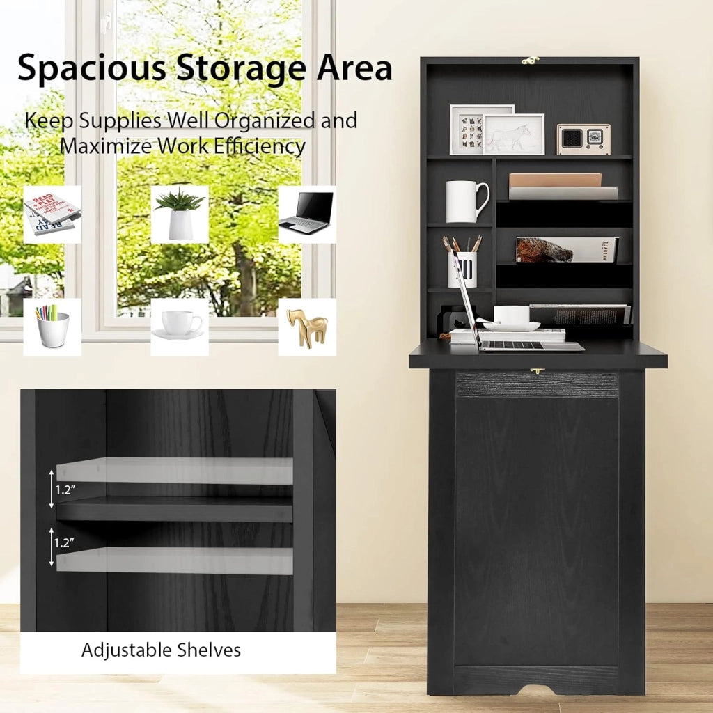 Scrivania da Parete in Legno con 7 Scomparti, Pieghevole, Scrivania per Computer, Studio, Cucina, Soggiorno, 2 Colori