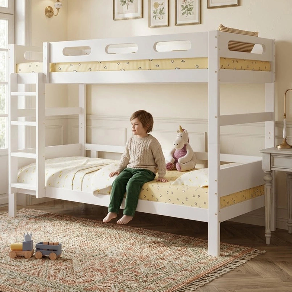 Letto a castello di 90x200 cm con sponda a scaletta in legno bianco