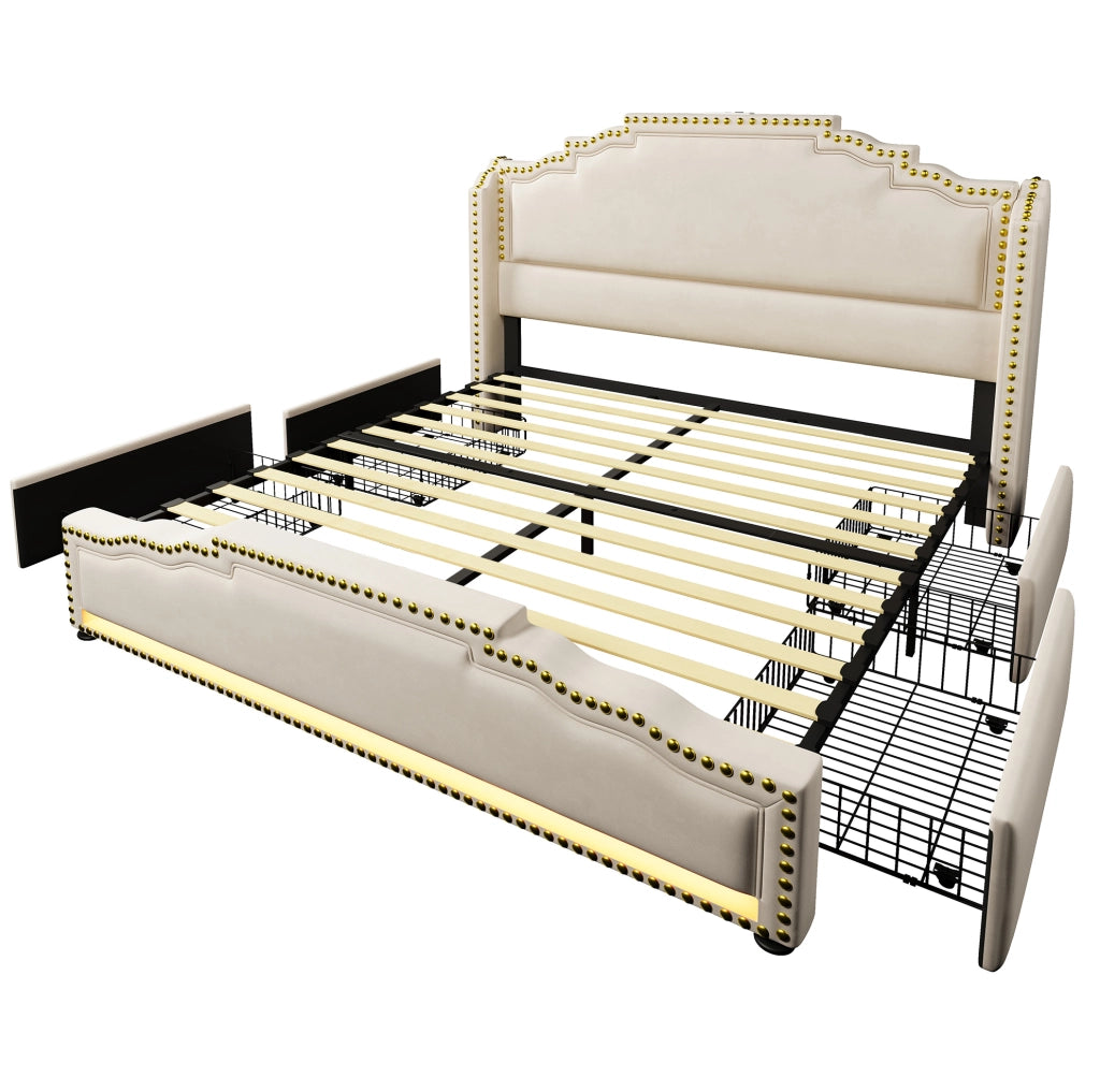 Letto matrimoniale imbottito 140x200 cm in velluto beige con 4 cassetti; LED e USB-C