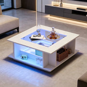 Tavolino basso quadrato con LED, 2 vani aperti e ripiani laterali, in truciolato e vetro, bianco, 70 × 70 × 30 cm