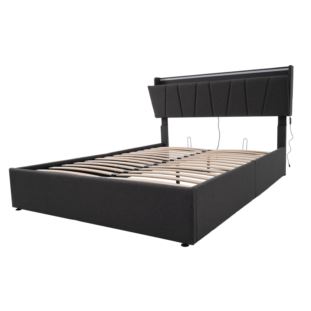 Letto matrimoniale imbottito 160x200 cm grigio con LED RGBW, USB, contenitore e materasso incluso