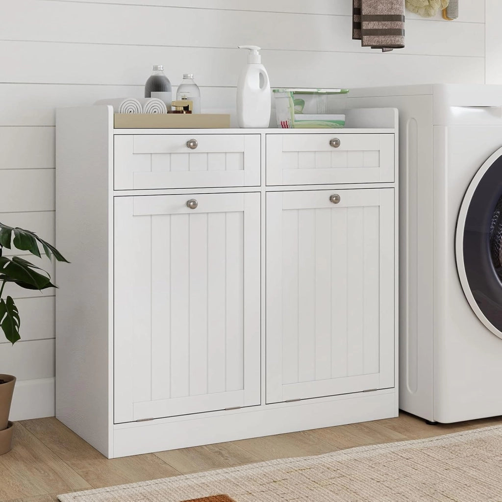 Mobiletto per Biancheria con 2 Cesti Ribaltabili, Mobile da Bagno Indipendente con Ripiano, 2 Cassetti e 2 Sacchi Porta Biancheria Rimovibili, Armadietto in Legno per Bucato (79 x 40 x 80 cm)